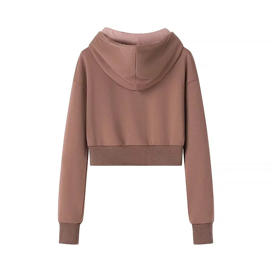 Cropped Zip Up Hoodie Jacket - Brown - 1