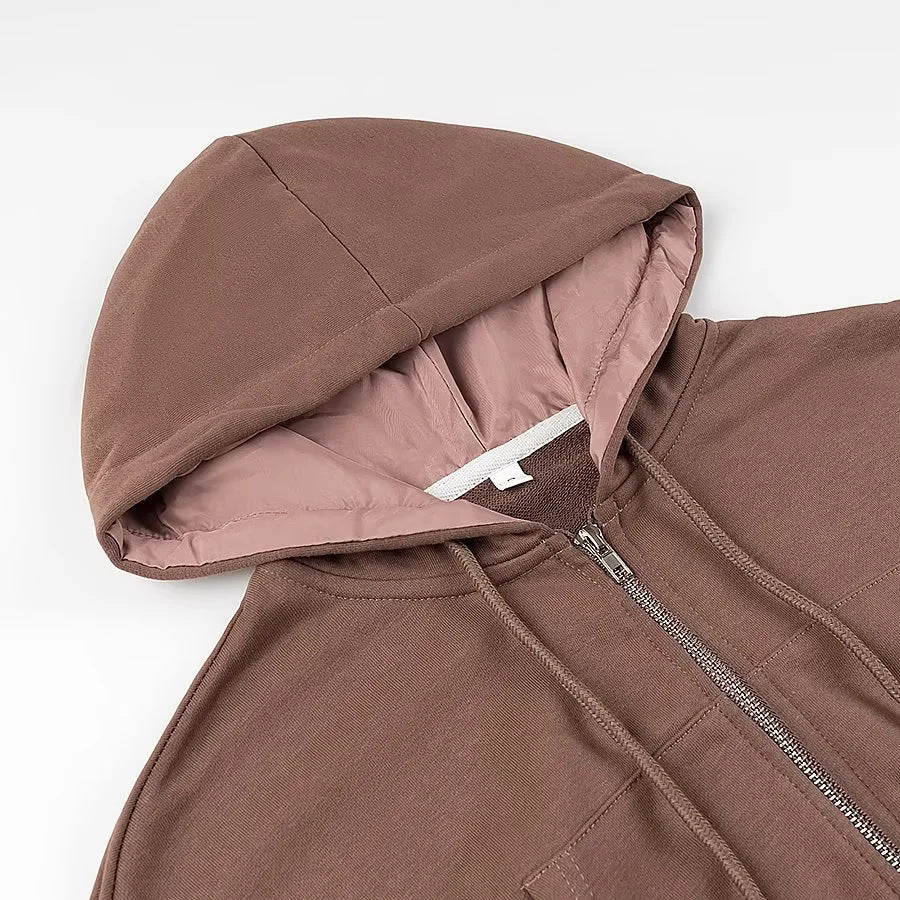 Cropped Zip Up Hoodie Jacket - Brown - 2