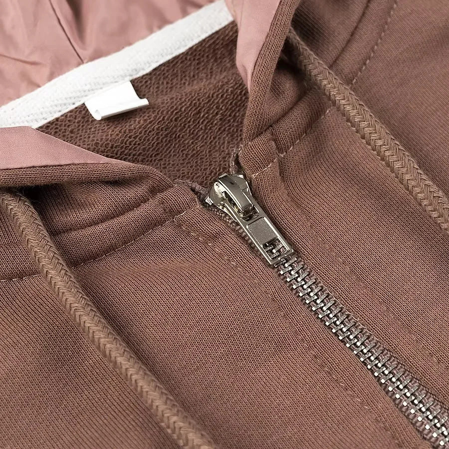Cropped Zip Up Hoodie Jacket - Brown - 3