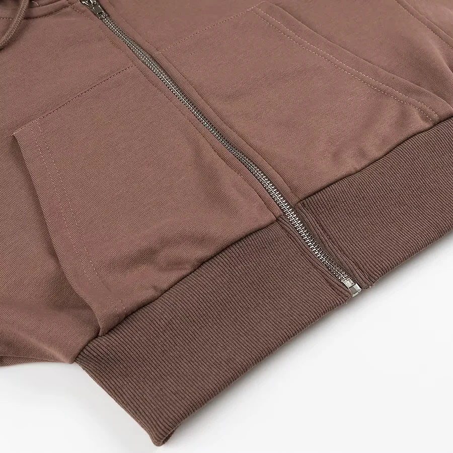 Cropped Zip Up Hoodie Jacket - Brown - 4
