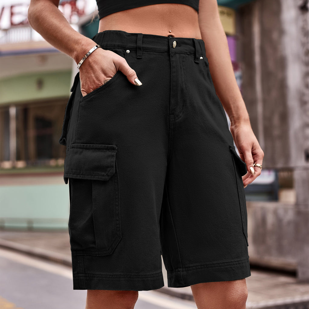 Knee Length Utility Cargo Bermuda Shorts - Black