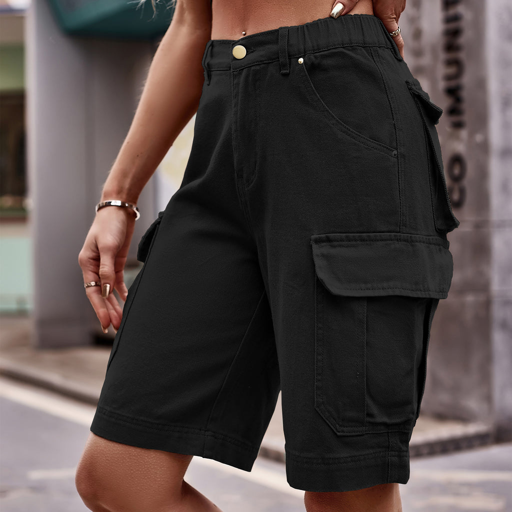 Knee Length Utility Cargo Bermuda Shorts - Black - 5