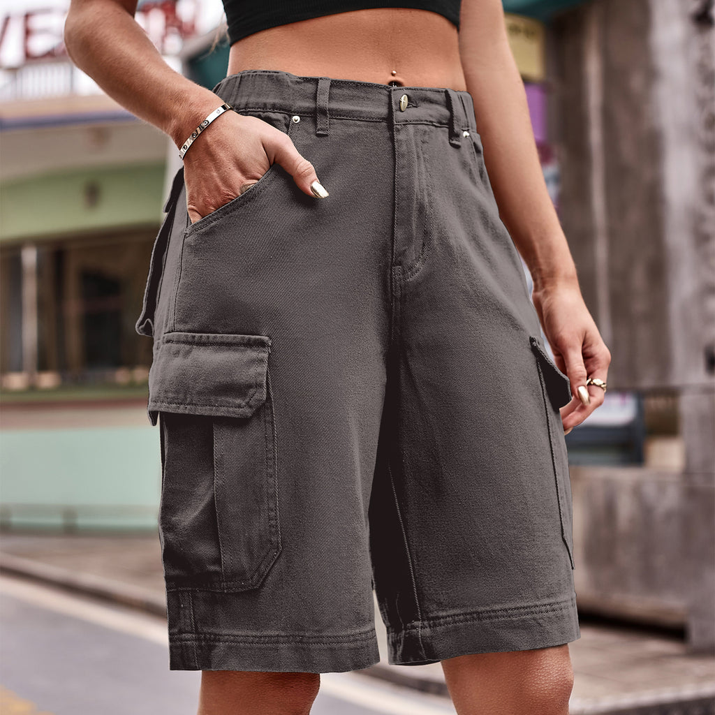 Knee Length Utility Cargo Bermuda Shorts - Gray - 1