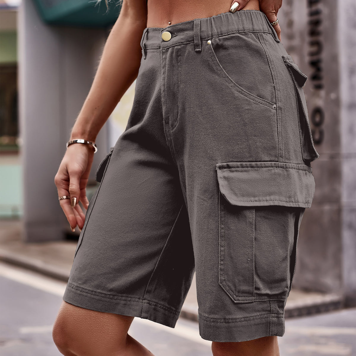 Knee Length Utility Cargo Bermuda Shorts - Gray - 2