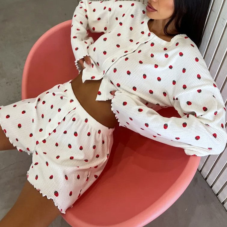 Strawberry Print Ruffle Blouse And Shorts Set - Strawberry - 1