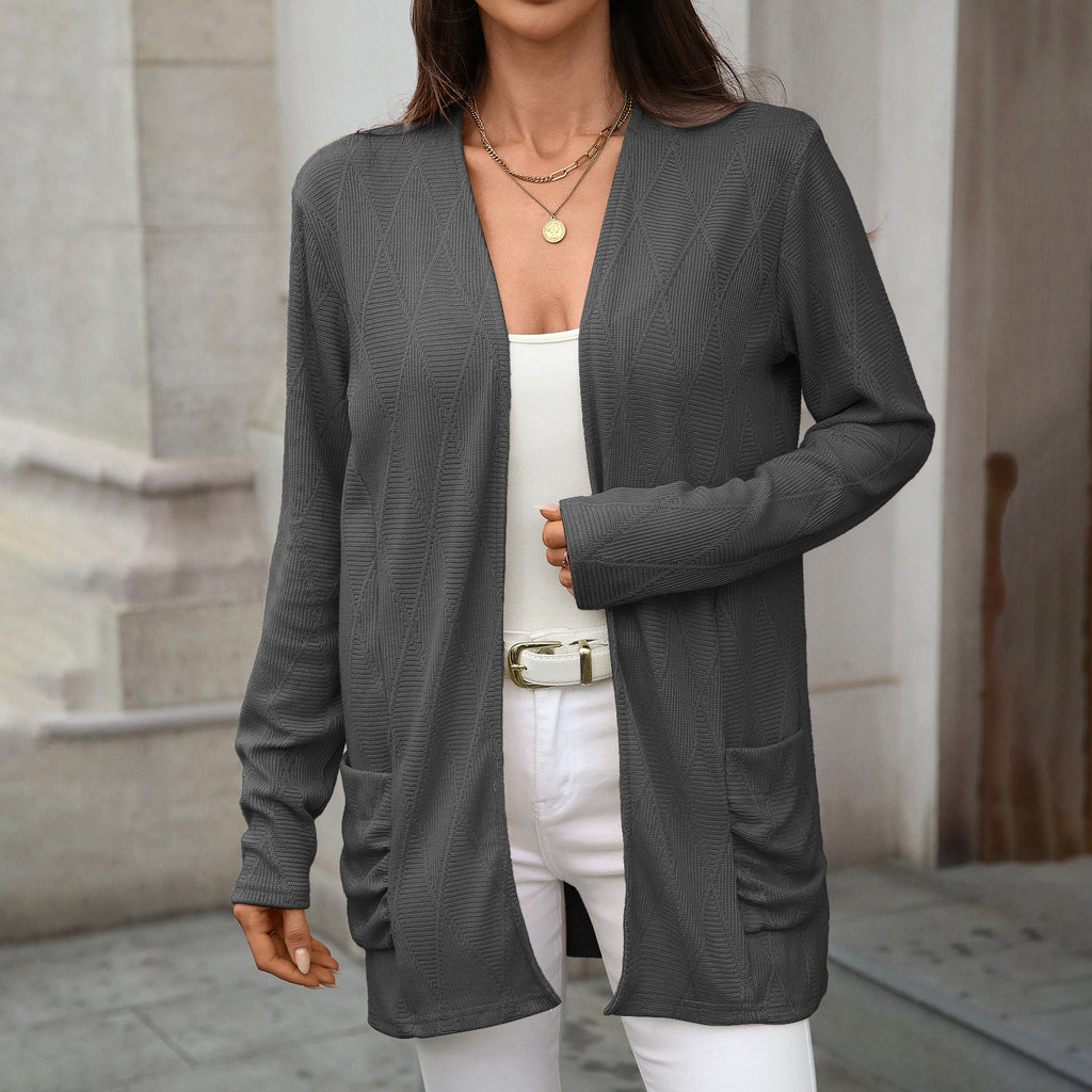 Textured Open Front Longline Pocket Cardigan - Grey