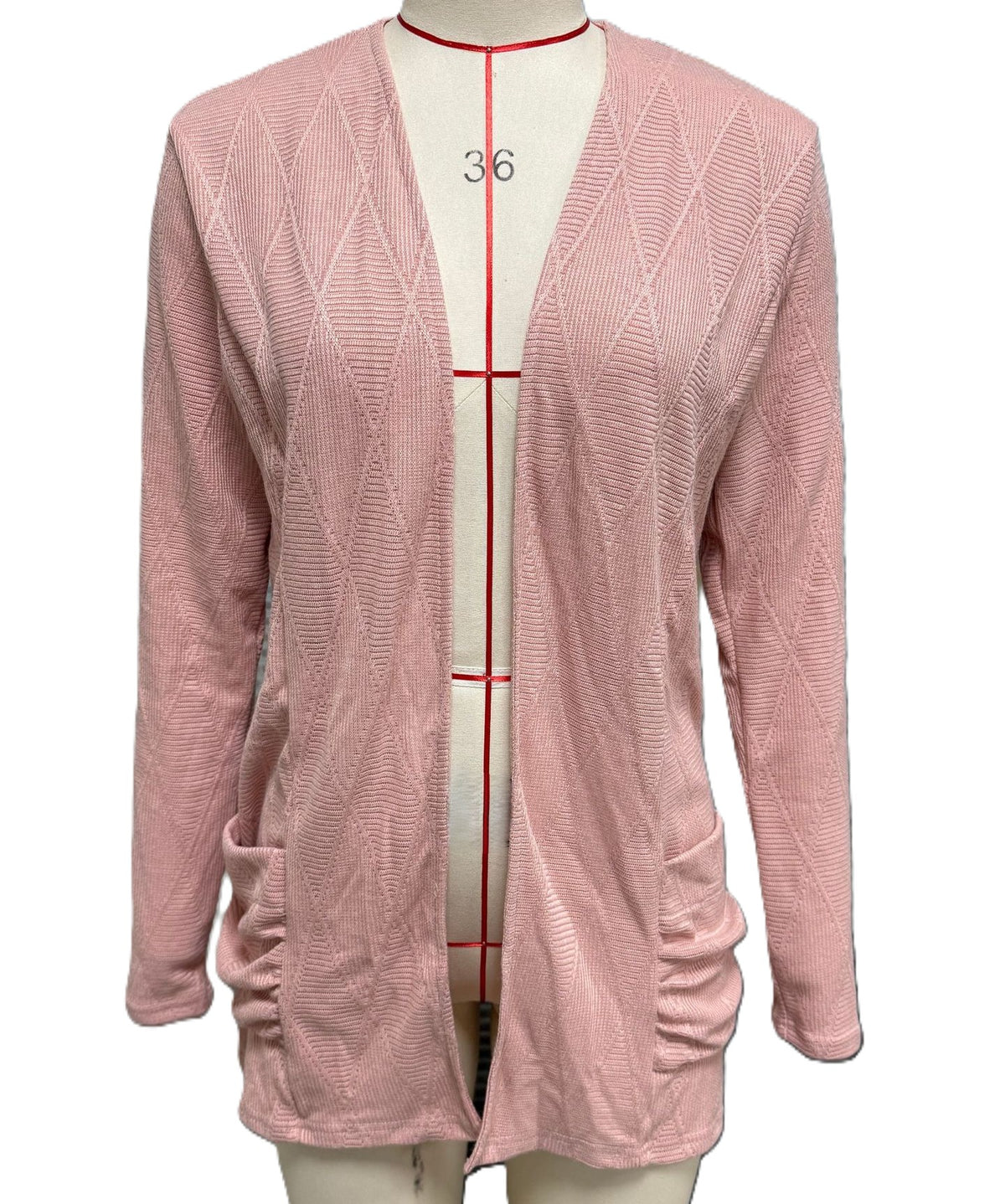 Textured Open Front Longline Pocket Cardigan - Pink