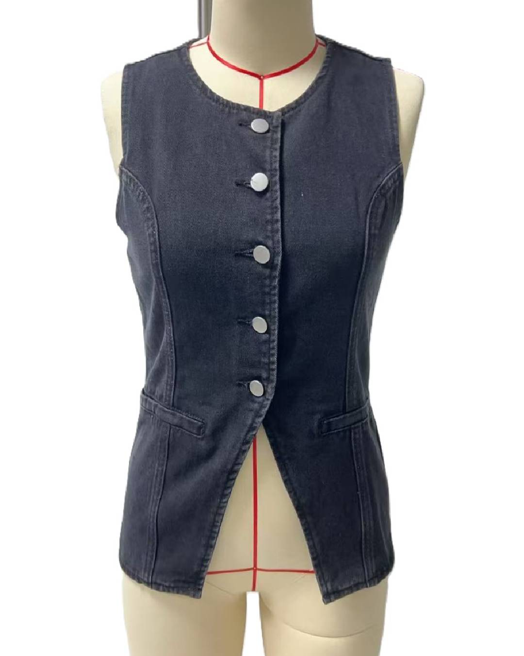 Sleeveless Denim Button Front Vest - Black