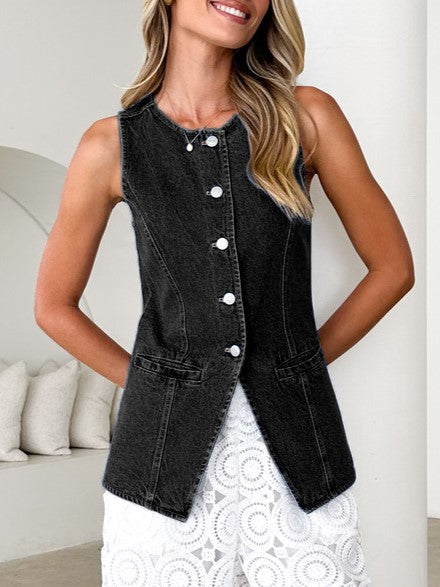 Sleeveless Denim Button Front Vest - Black - 1