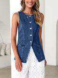 Sleeveless Denim Button Front Vest - Blue