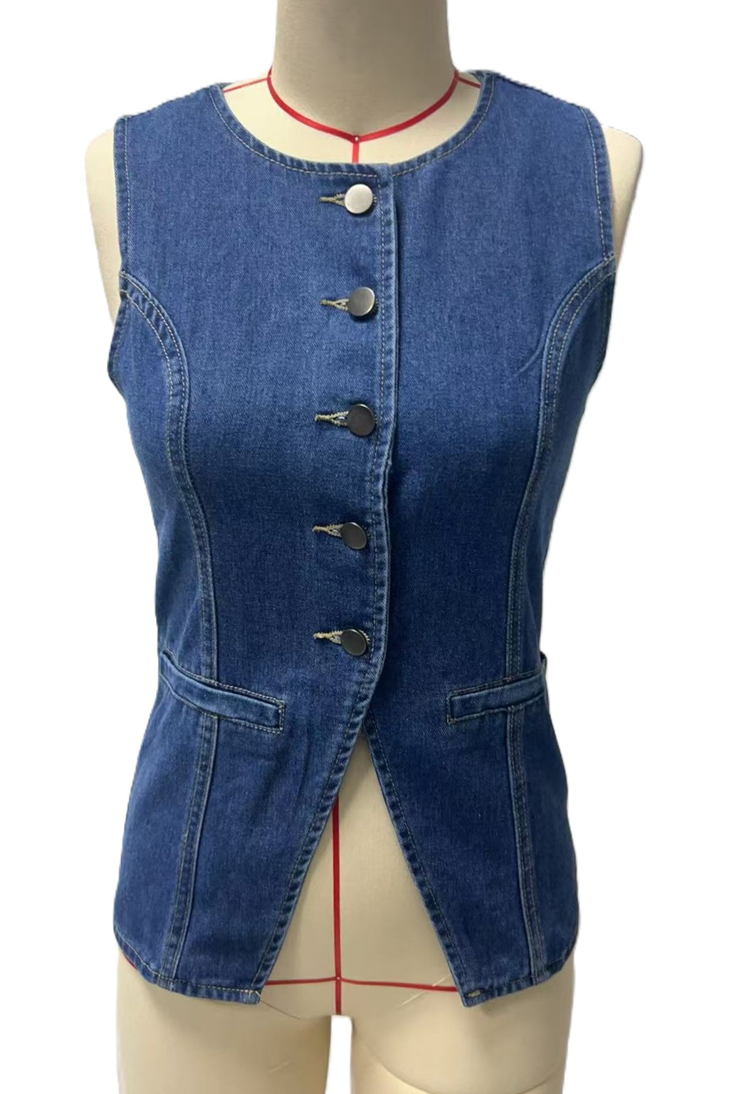 Sleeveless Denim Button Front Vest - Blue - 1