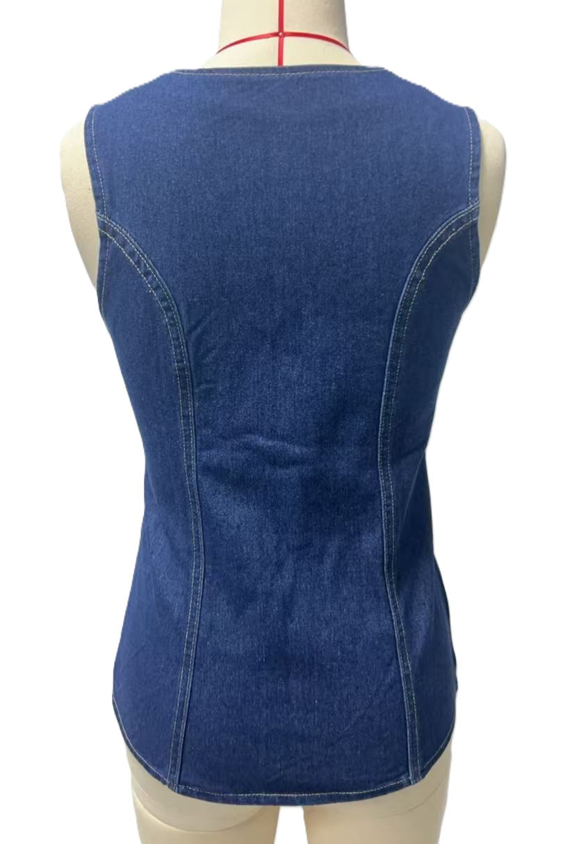 Sleeveless Denim Button Front Vest - Blue - 2