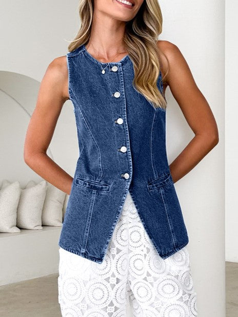 Sleeveless Denim Button Front Vest - Blue - 4
