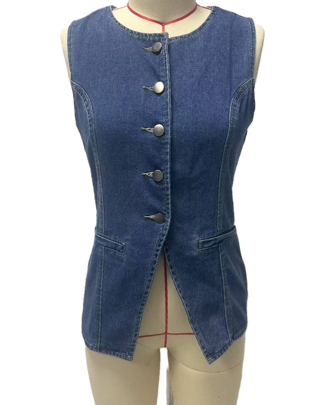 Sleeveless Denim Button Front Vest - DarkBlue