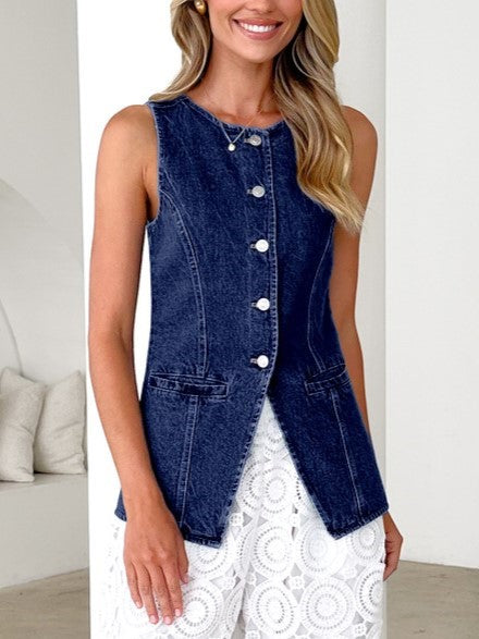 Sleeveless Denim Button Front Vest - DarkBlue - 1