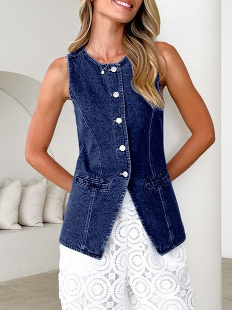 Sleeveless Denim Button Front Vest - DarkBlue - 2