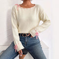 Ribbon Whipstitch Boat Neck Knit Sweater - Off_White