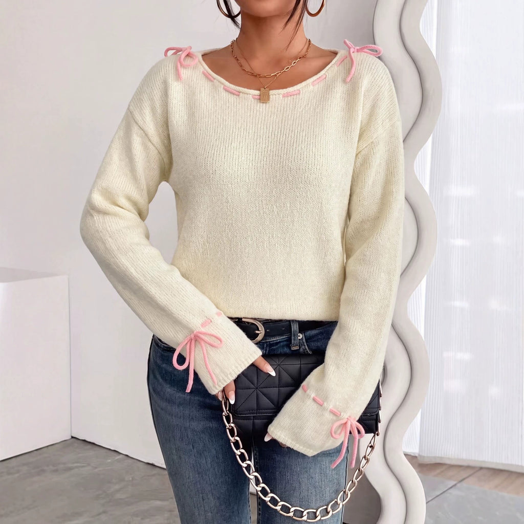 Ribbon Whipstitch Boat Neck Knit Sweater - Off_White - 1