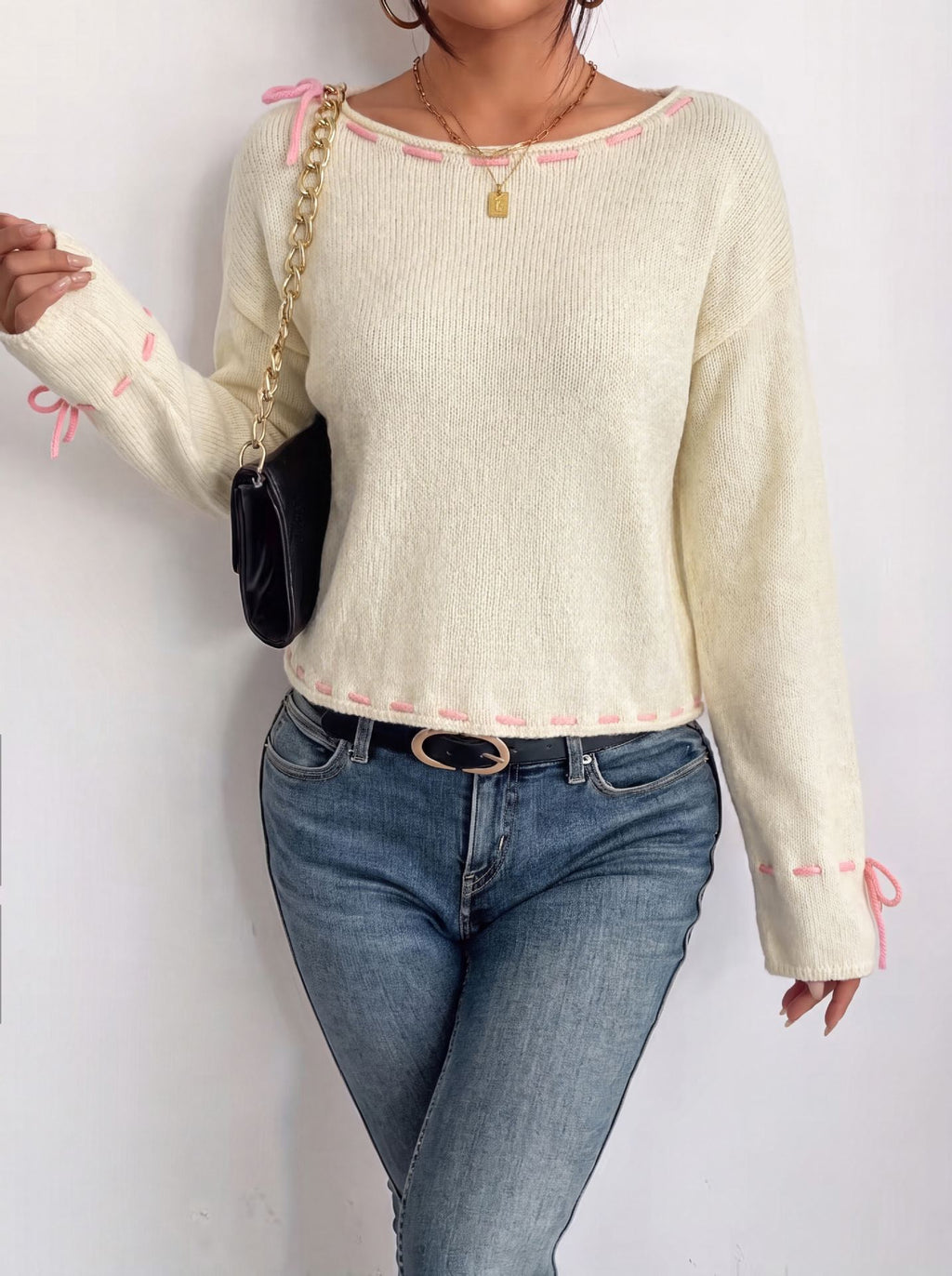 Ribbon Whipstitch Boat Neck Knit Sweater - Off_White - 2