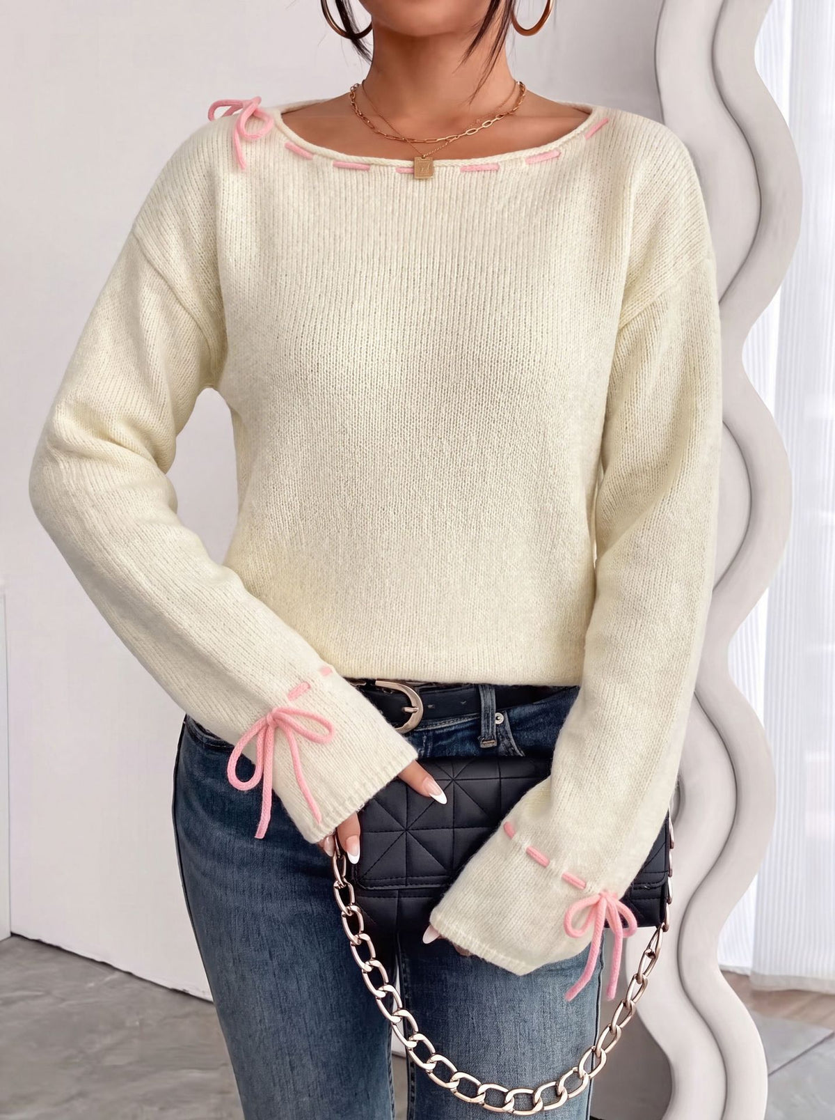 Ribbon Whipstitch Boat Neck Knit Sweater - Off_White - 3