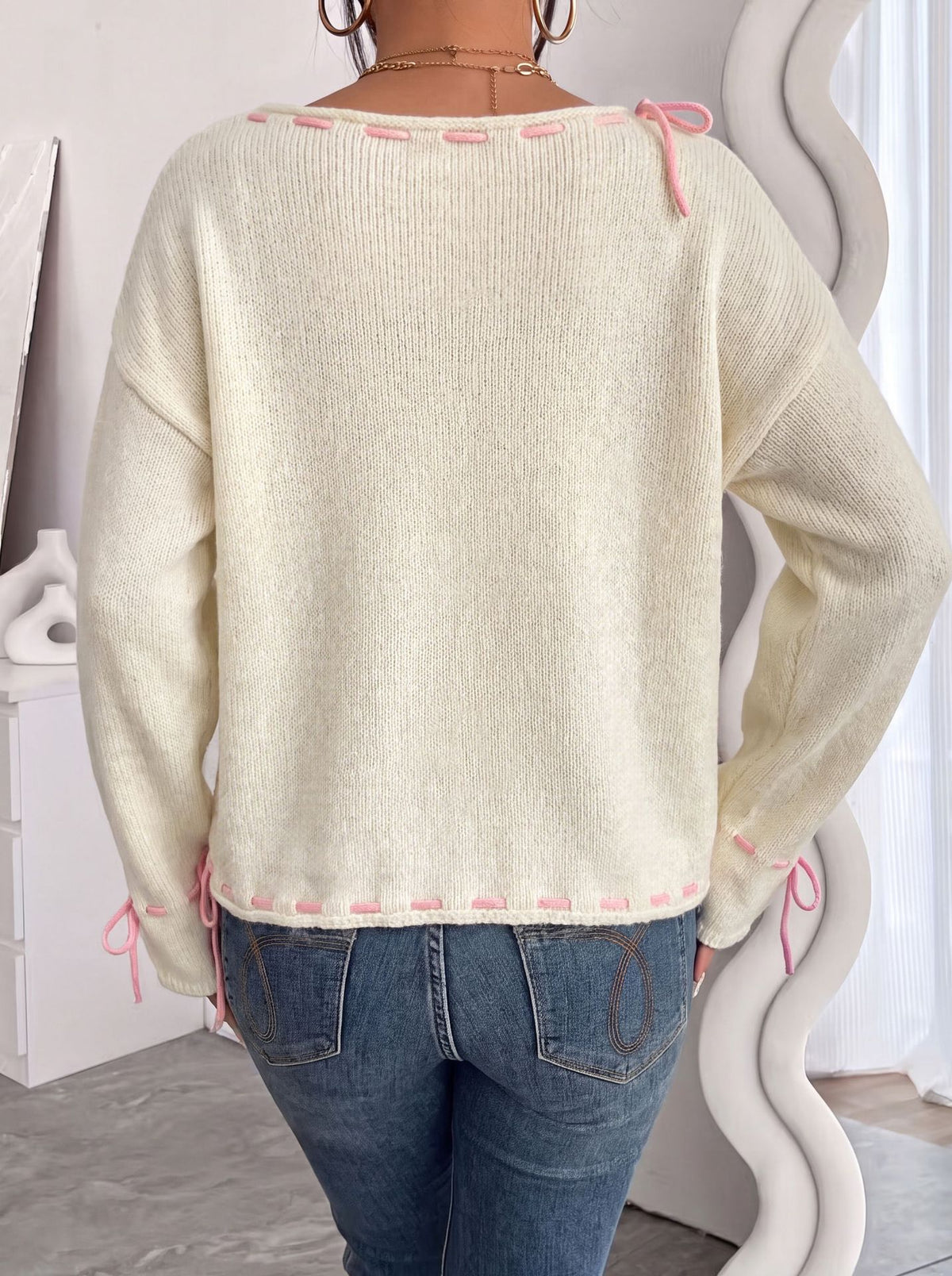Ribbon Whipstitch Boat Neck Knit Sweater - Off_White - 4