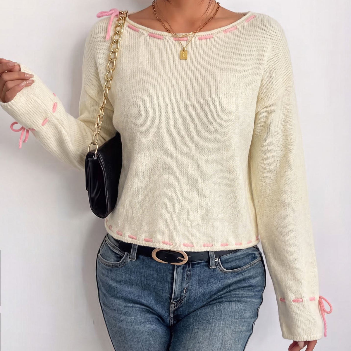 Ribbon Whipstitch Boat Neck Knit Sweater - Off_White - 5