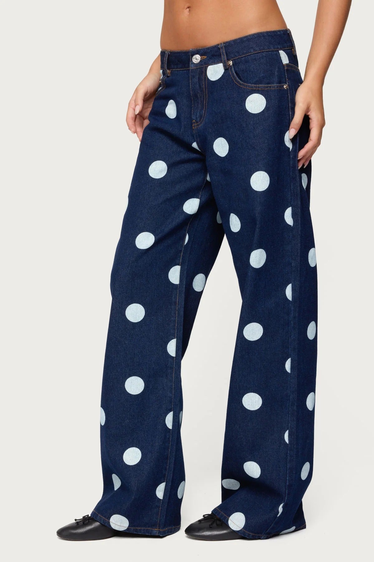 Wide Leg Jeans With Polka Dot Print - Blue