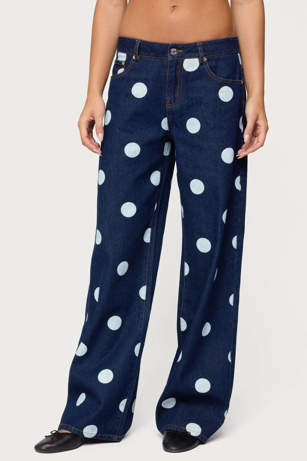 Wide Leg Jeans With Polka Dot Print - Blue - 1