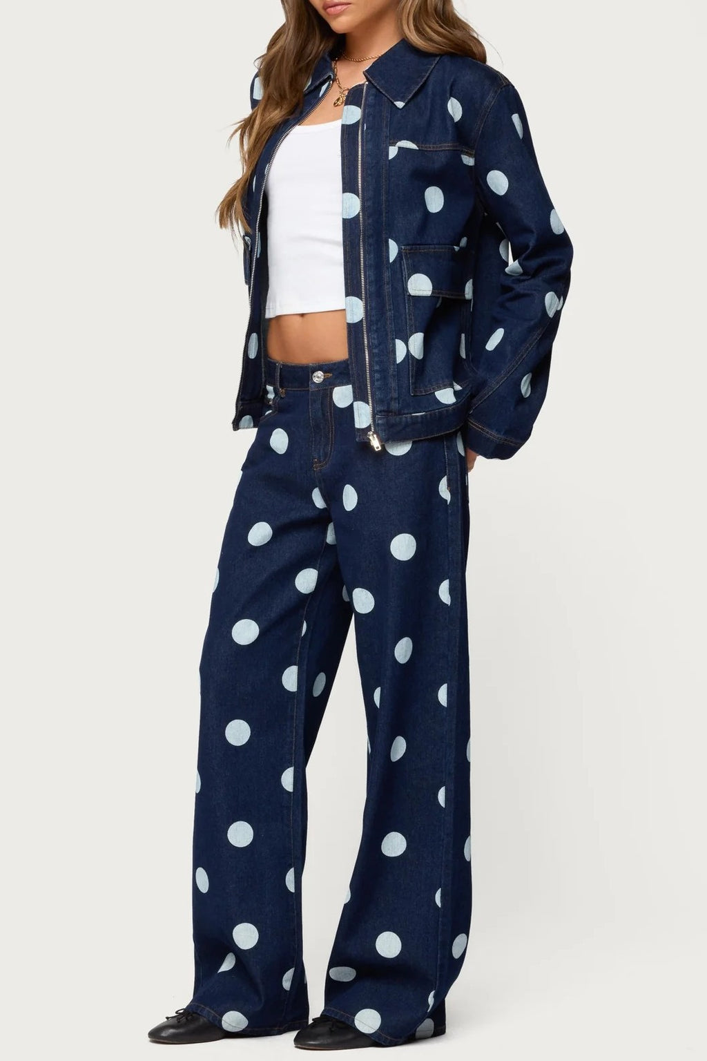 Wide Leg Jeans With Polka Dot Print - Blue - 2