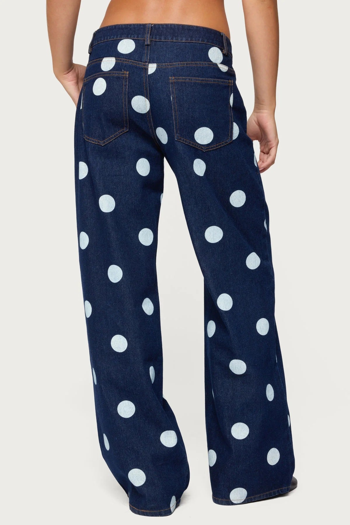 Wide Leg Jeans With Polka Dot Print - Blue - 3