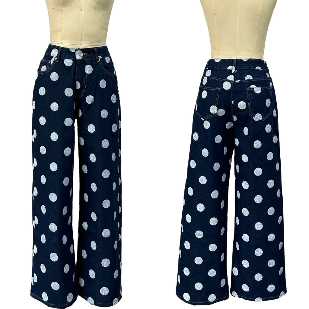 Wide Leg Jeans With Polka Dot Print - Blue - 4