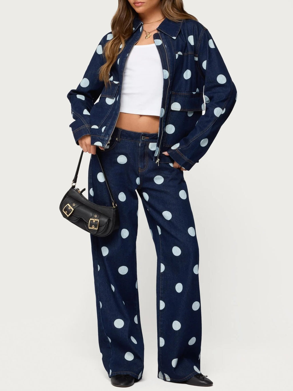 Wide Leg Jeans With Polka Dot Print - Blue - 5