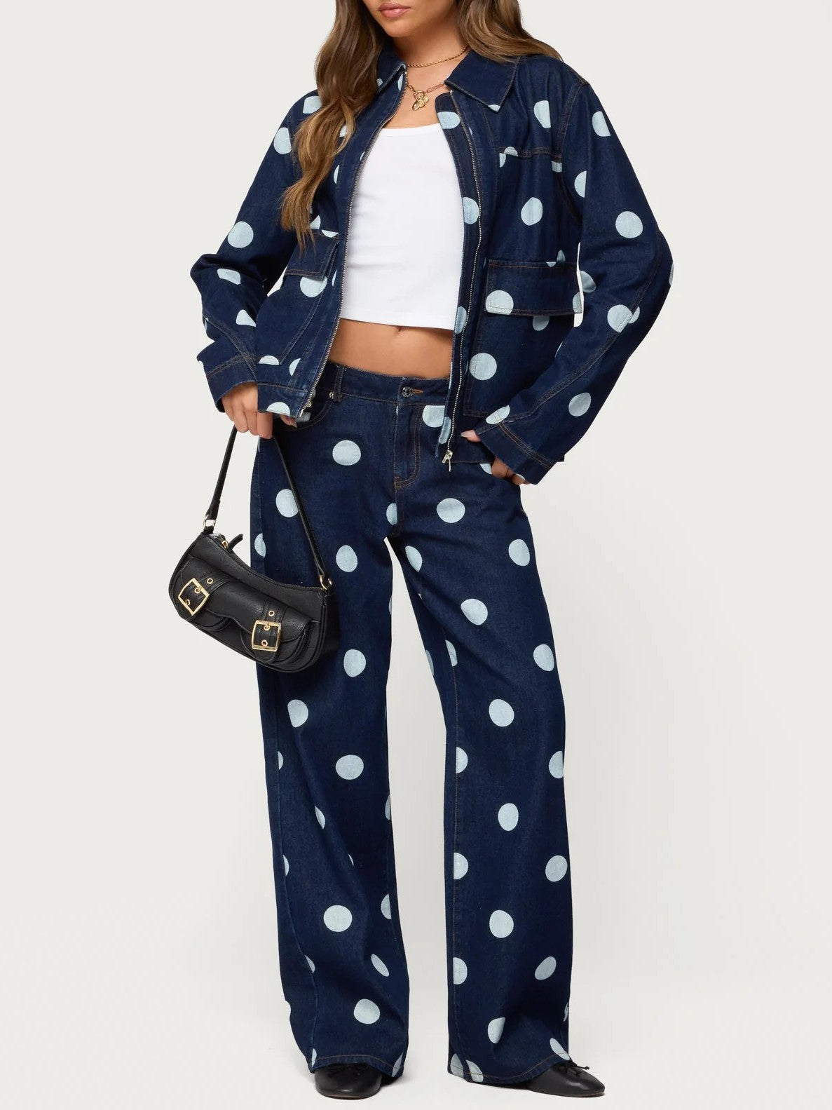 Wide Leg Jeans With Polka Dot Print - Blue - 5