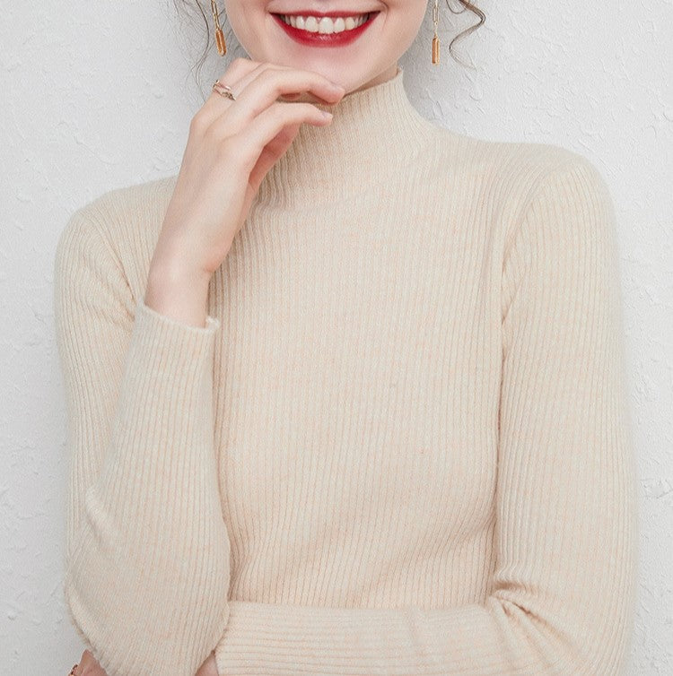 Slim Fit Ribbed Mock Neck Knit Top - Beige - 1