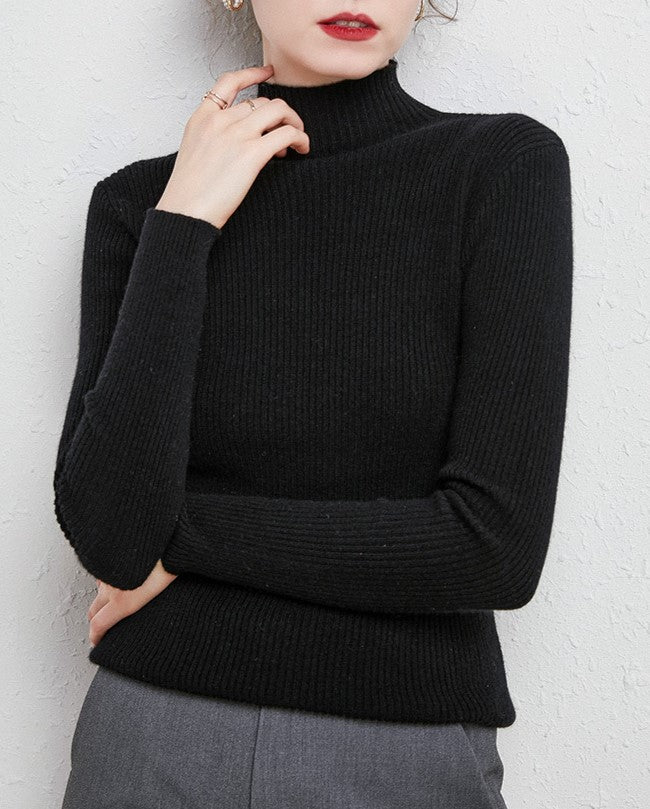 Slim Fit Ribbed Mock Neck Knit Top - Black