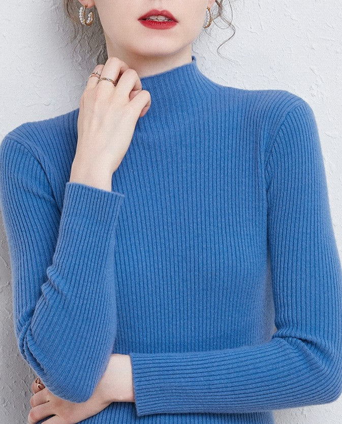Slim Fit Ribbed Mock Neck Knit Top - Blue