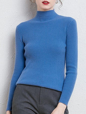 Slim Fit Ribbed Mock Neck Knit Top - Blue - 1