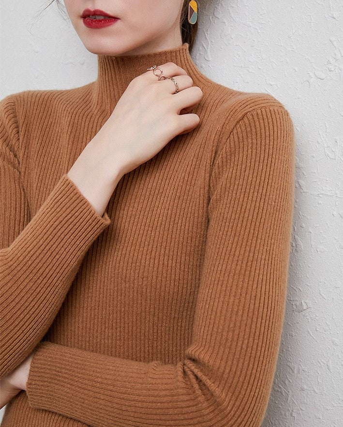 Slim Fit Ribbed Mock Neck Knit Top - Brown