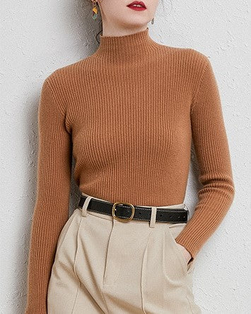 Slim Fit Ribbed Mock Neck Knit Top - Brown - 1