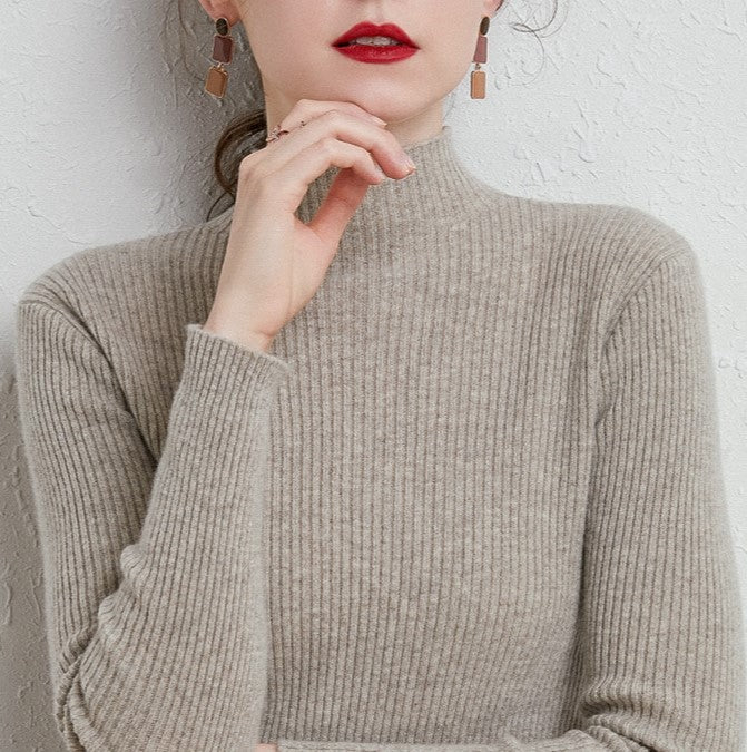 Slim Fit Ribbed Mock Neck Knit Top - Camel