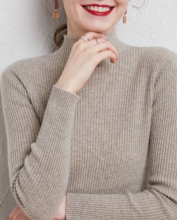 Slim Fit Ribbed Mock Neck Knit Top - Camel - 1
