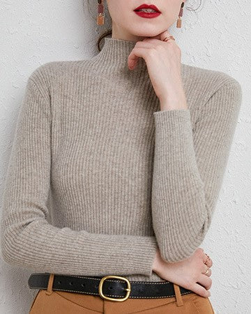 Slim Fit Ribbed Mock Neck Knit Top - Camel - 2