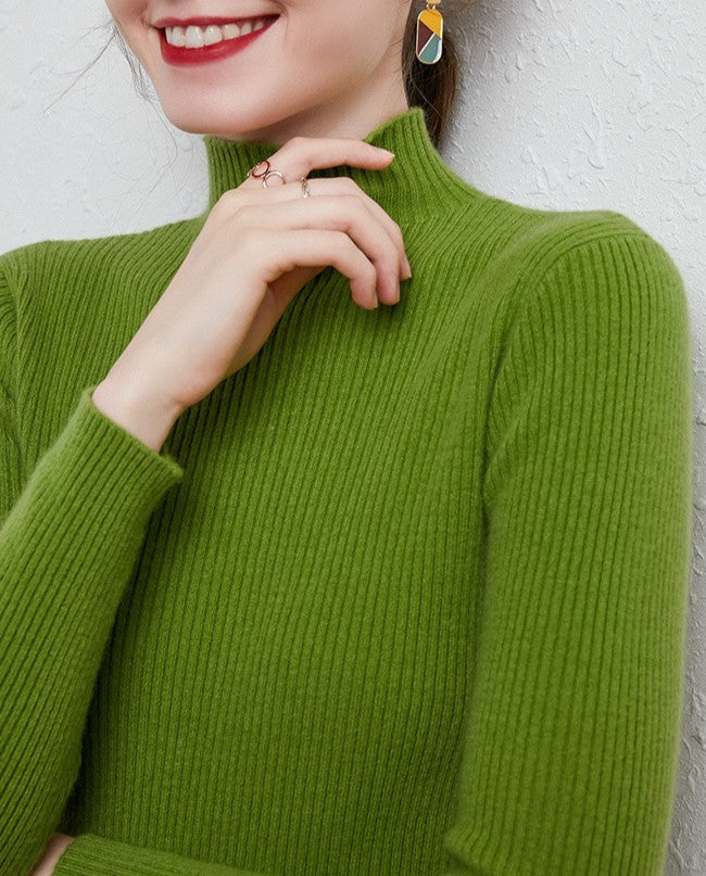 Slim Fit Ribbed Mock Neck Knit Top - Green