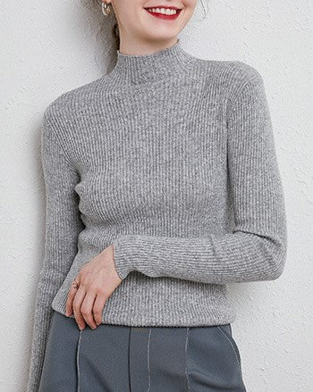 Slim Fit Ribbed Mock Neck Knit Top - Grey - 1