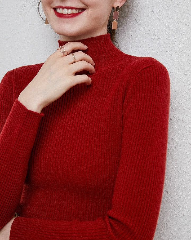 Slim Fit Ribbed Mock Neck Knit Top - Red