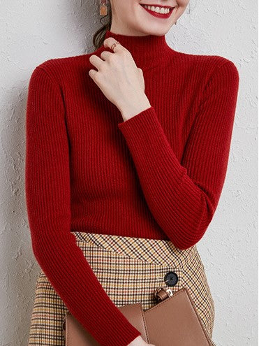Slim Fit Ribbed Mock Neck Knit Top - Red - 1