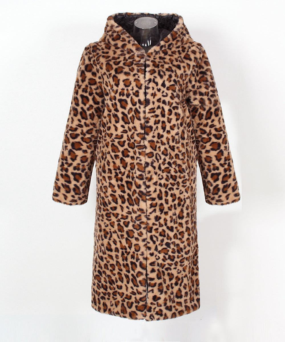 Hooded Long Faux Fur Leopard Coat - Leopard - 1