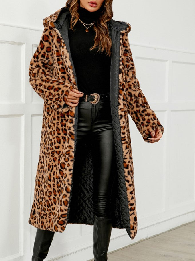 Hooded Long Faux Fur Leopard Coat - Leopard - 3