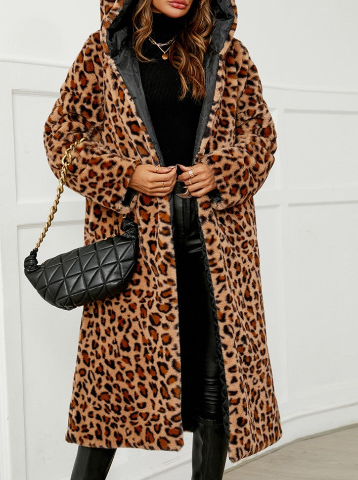 Hooded Long Faux Fur Leopard Coat - Leopard - 4