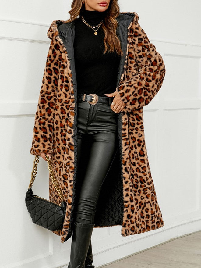 Hooded Long Faux Fur Leopard Coat